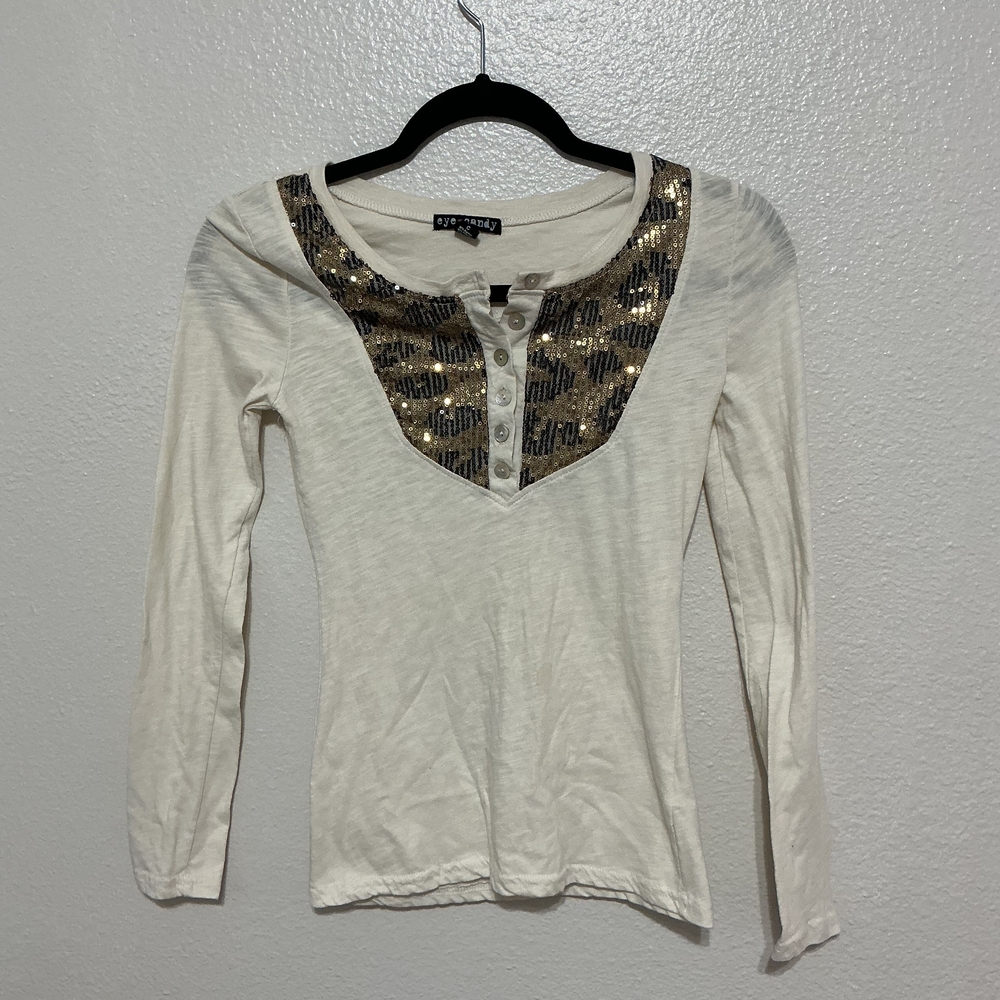 Eye Candy Cream Long Sleeve Top with Gold Sequin Accent